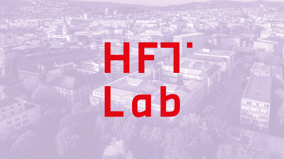 Luftbild HFT-Campus vom Stadtgarten aus mit rotem HFT.Lab-Logo darüber